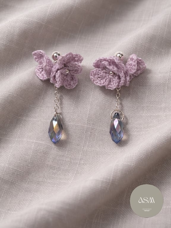 Crochet Lilac Flower Earrings Bridgerton inspired Crystal Dangle 