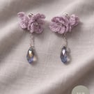 Crochet Lilac Flower Earrings Bridgerton inspired Crystal Dangle 