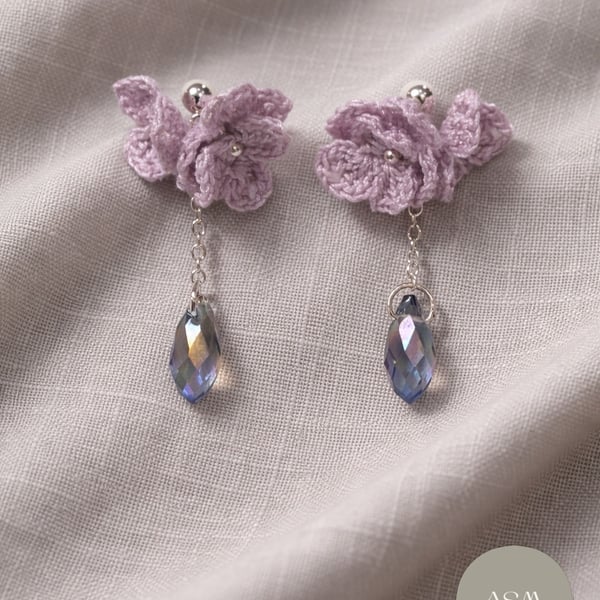Crochet Lilac Flower Earrings Bridgerton inspired Crystal Dangle 