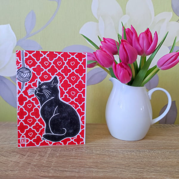 Cat and string original linocut print greeting card blank