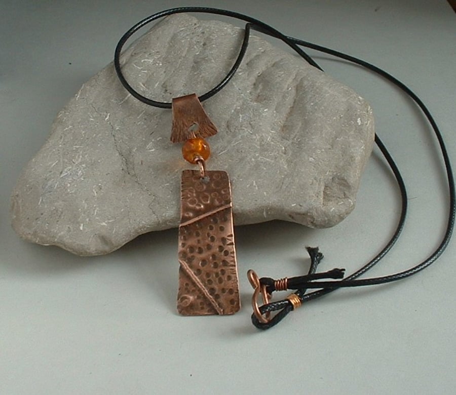 Rustic Fold Formed Copper Necklace with Vintage Amber Bead