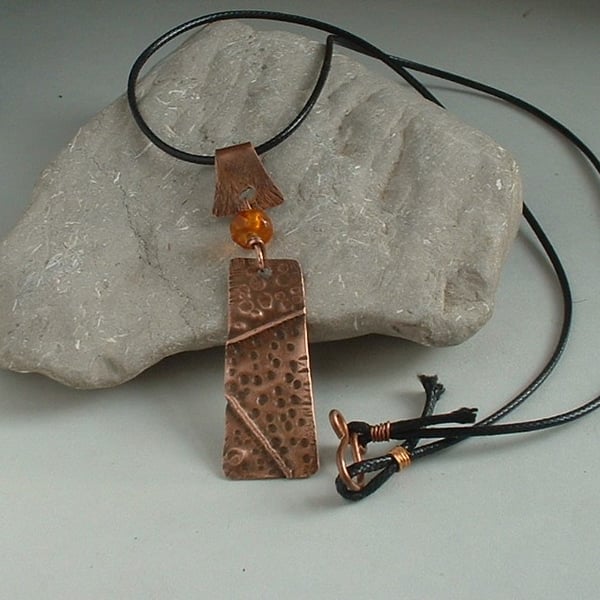 Rustic Fold Formed Copper Necklace with Vintage Amber Bead