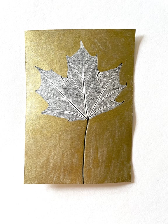 ACEO Sycamore Leaf Monoprint With Gold Background 