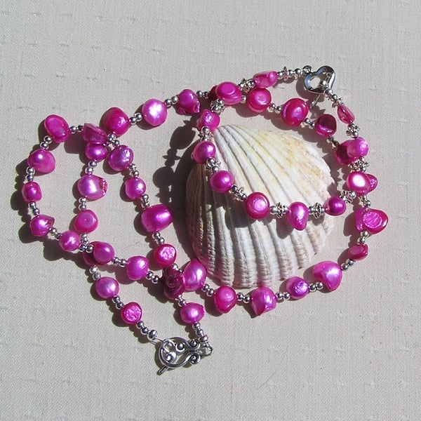 Pearl Necklace & Bracelet Set, Pink Freshwater Pearl and Silver "Vibrance"