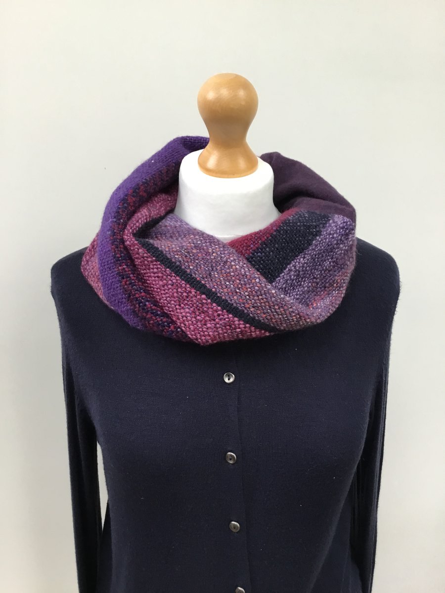 Handwoven purple cowl scarf woven with silk, merino and bamboo handspun fibres