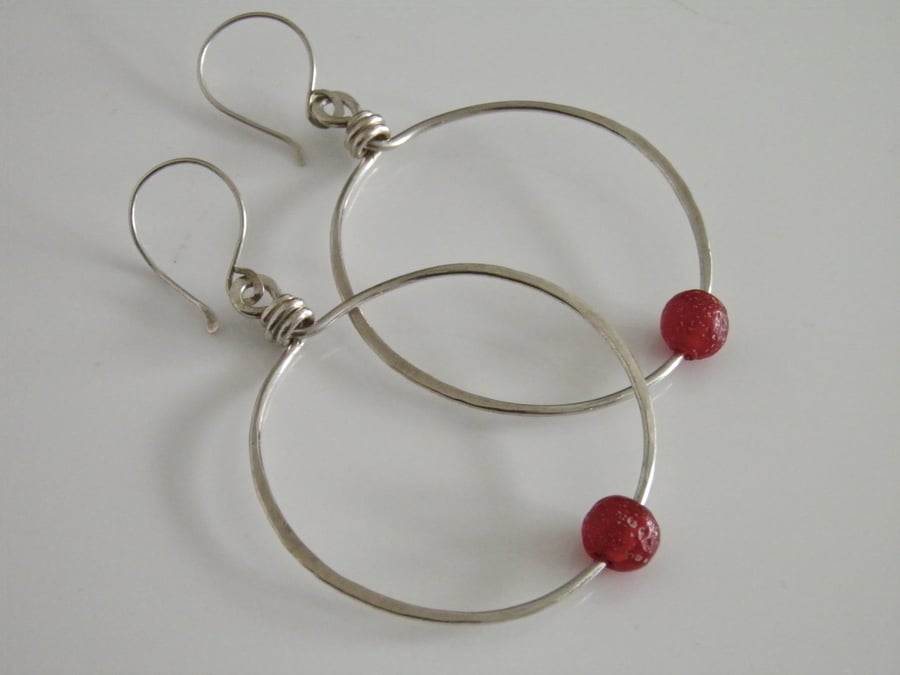 Red Earrings Sterling Silver Hoops