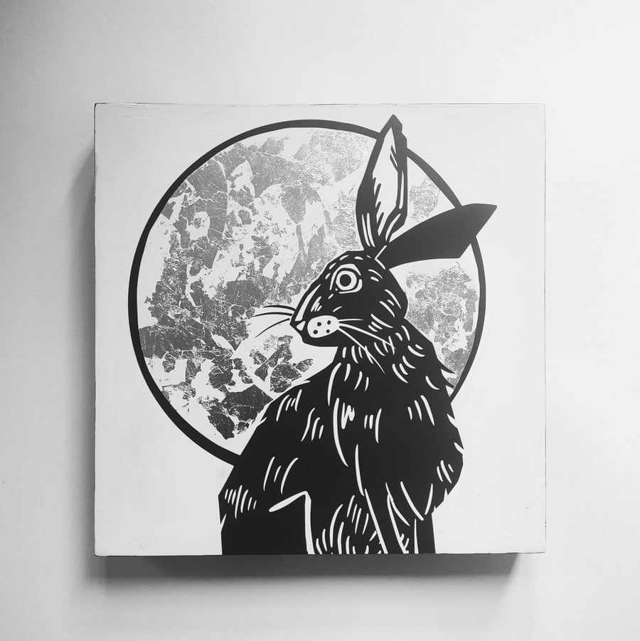 Moon Gazing Hare Vinyl Cut on Wood Panel with Silver Leaf Picture