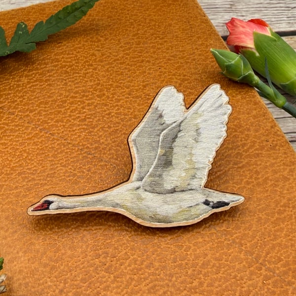 Swan Wooden Pin Badge