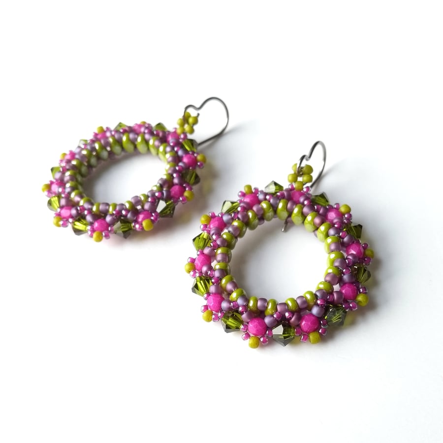 Spring Hoop Earrings in Magenta Pink and Olive Green