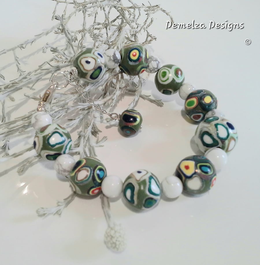 Howelite & Hand Made Polymer Clay Silver Plated Bracelet (Help for Charity 