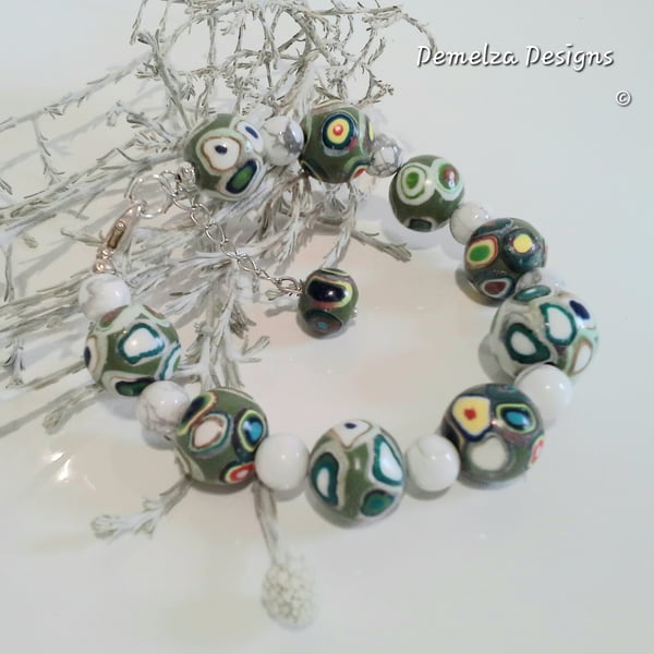 Howelite & Hand Made Polymer Clay Silver Plated Bracelet (Help for Charity 