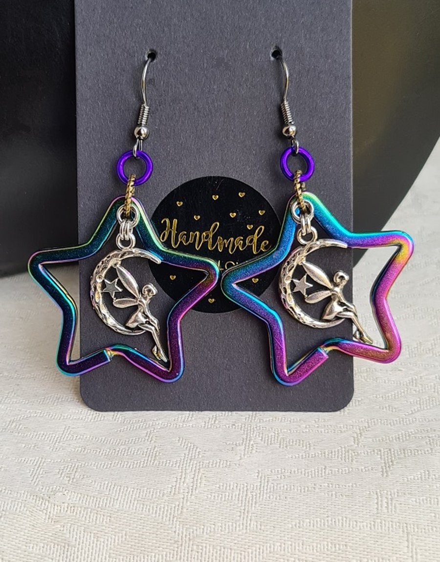 Gorgeous Rainbow Star With Silver-Tone Fairy Charm Earrings 