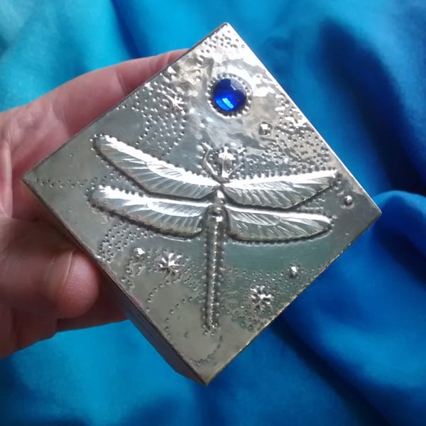 Dragonfly Box Handmade in Pewter with Blue Glass Cabochon