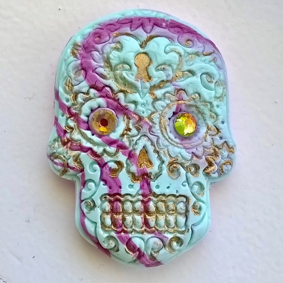 Blue and purple sugar skull fridge magnet with Swarovski crystals