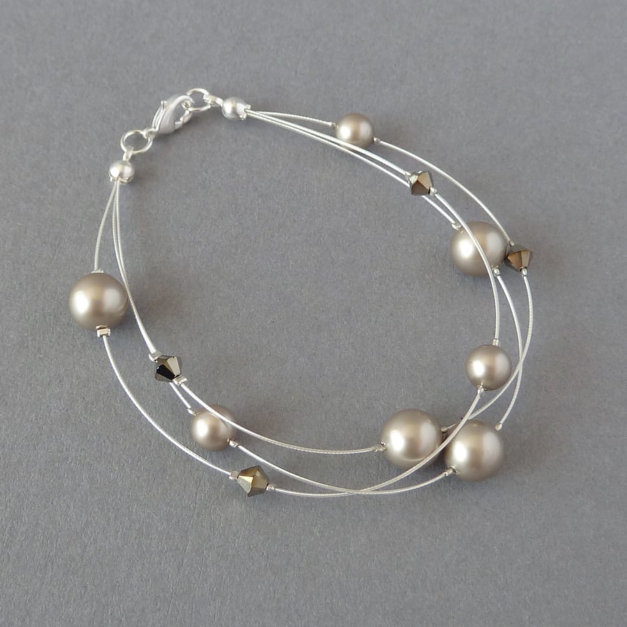 Taupe Floating Pearl Bracelet - Champagne Bridesmaid Jewellery - Coffee Wedding