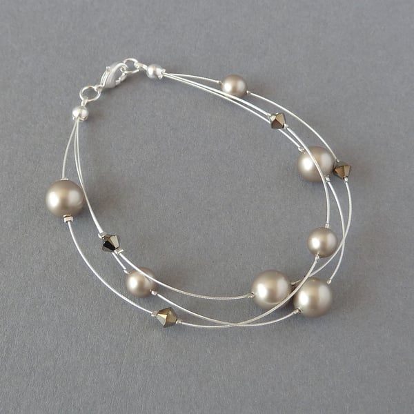 Taupe Floating Pearl Bracelet - Champagne Bridesmaid Jewellery - Coffee Wedding