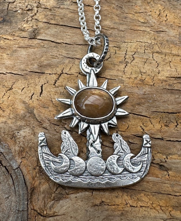 Hare Moon Ship Pendant with Sunstone