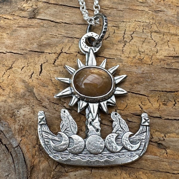 Hare Moon Ship Pendant with Sunstone