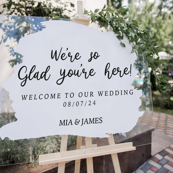 Glad You're Here - Beautiful Personalised Wedding Welcome Sign Vinyl Sticker
