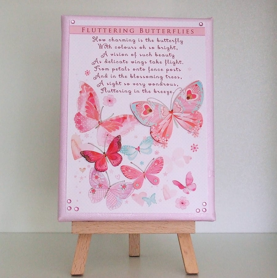 Decoupaged small canvas with easel and gift box, Fluttering Butterflies