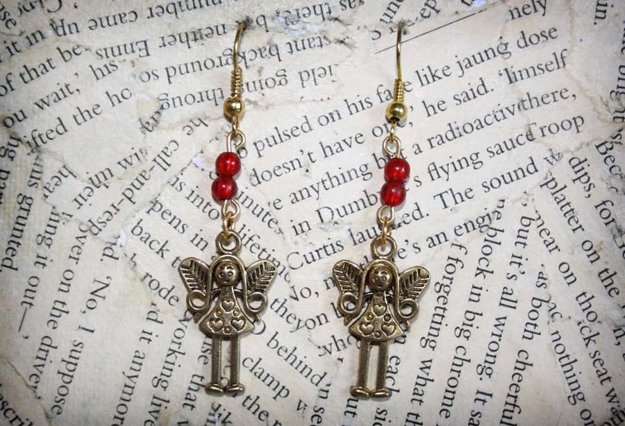 Fairy Angel Cupid Gold Charm Red Bead Earrings