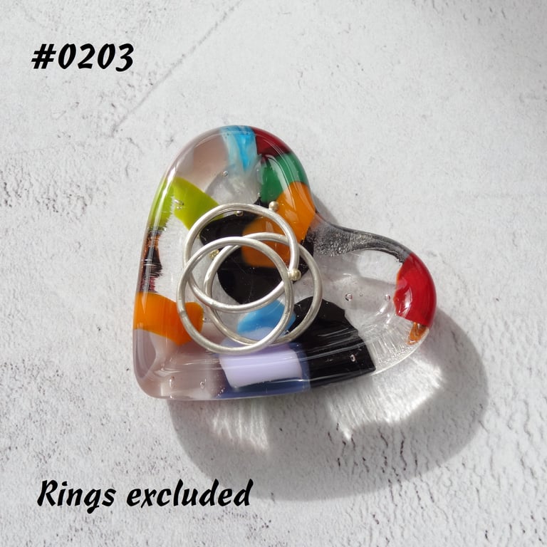 Multicoloured heart shaped fused glass ring dish, 5cm approx (0203)