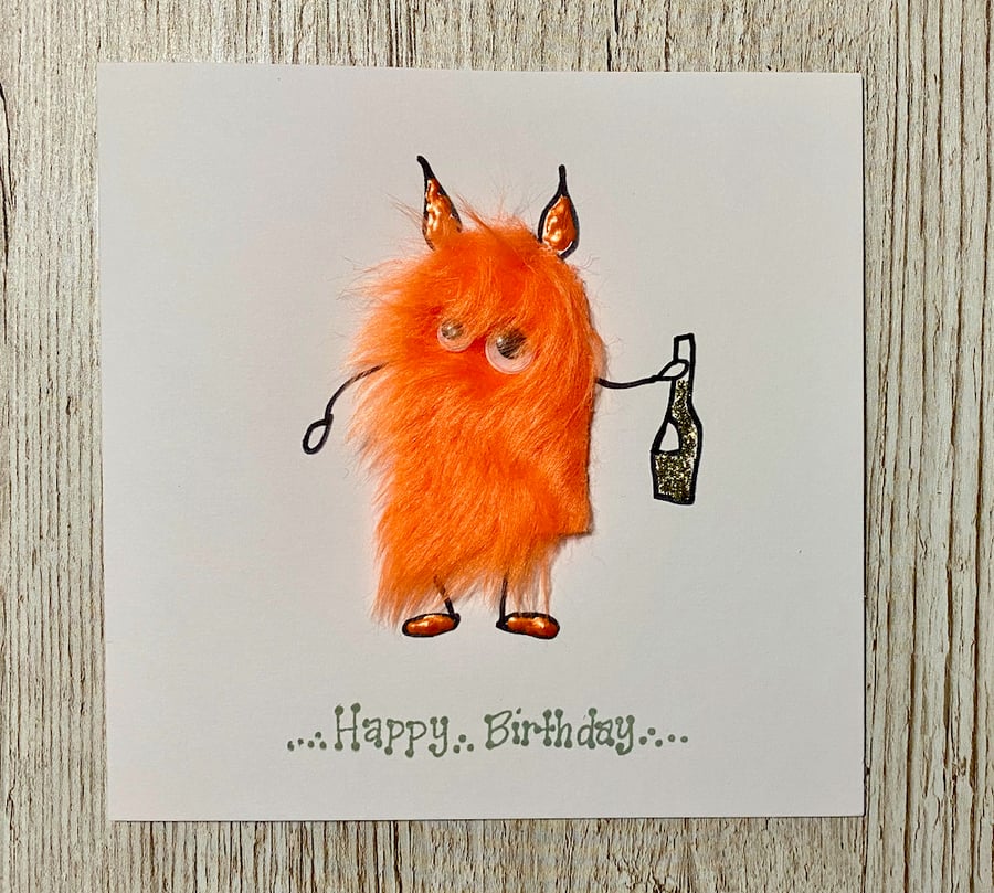 Birthday card - champagne celebrating mini monster 