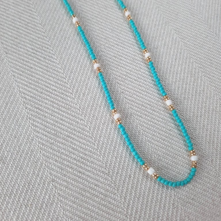Glass beaded necklace, turquoise gold and white, 16 to 18 inches