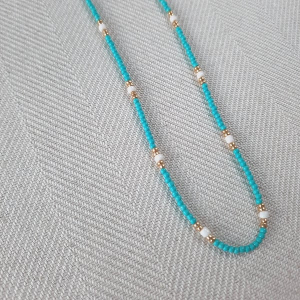 Glass beaded necklace, turquoise gold and white, 16 to 18 inches