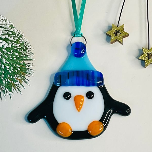 Fused glass penguin Christmas tree decoration 
