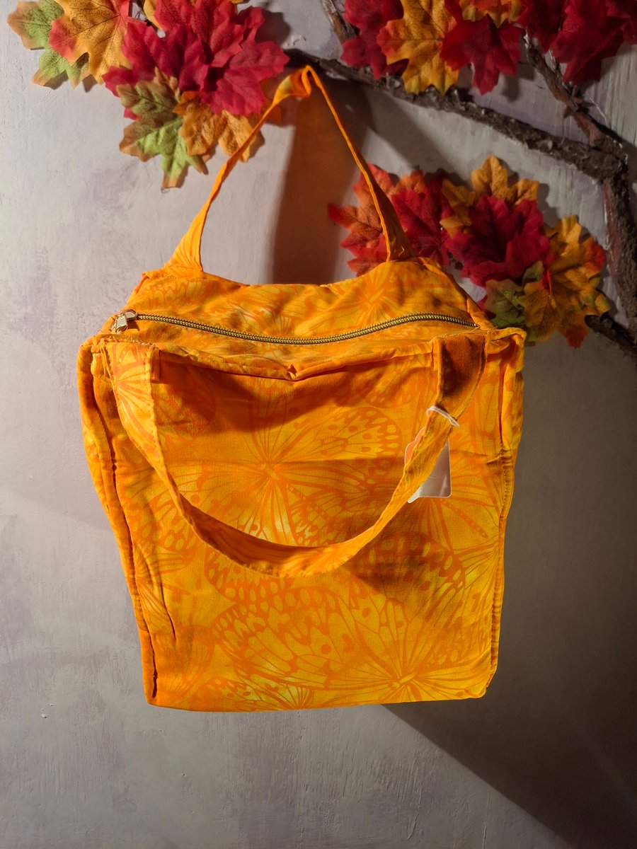 Handmade Padded Cotton Cosmetic Make Up Bag in Mango Butterfly Melody Fabric