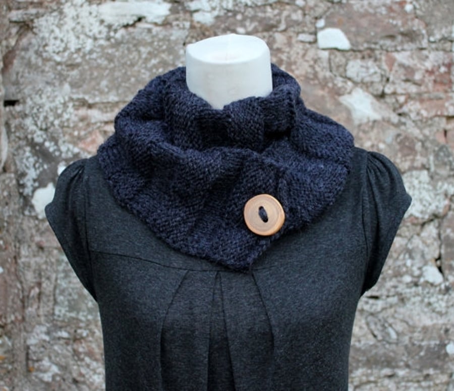 Handknit button scarf, dark gray womens chunky neckwear, gift guide for her