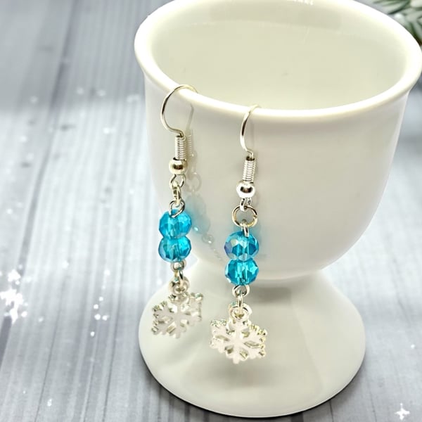Blue Crystal dangle earrings with snowflake charm, stocking filler,secret Santa 