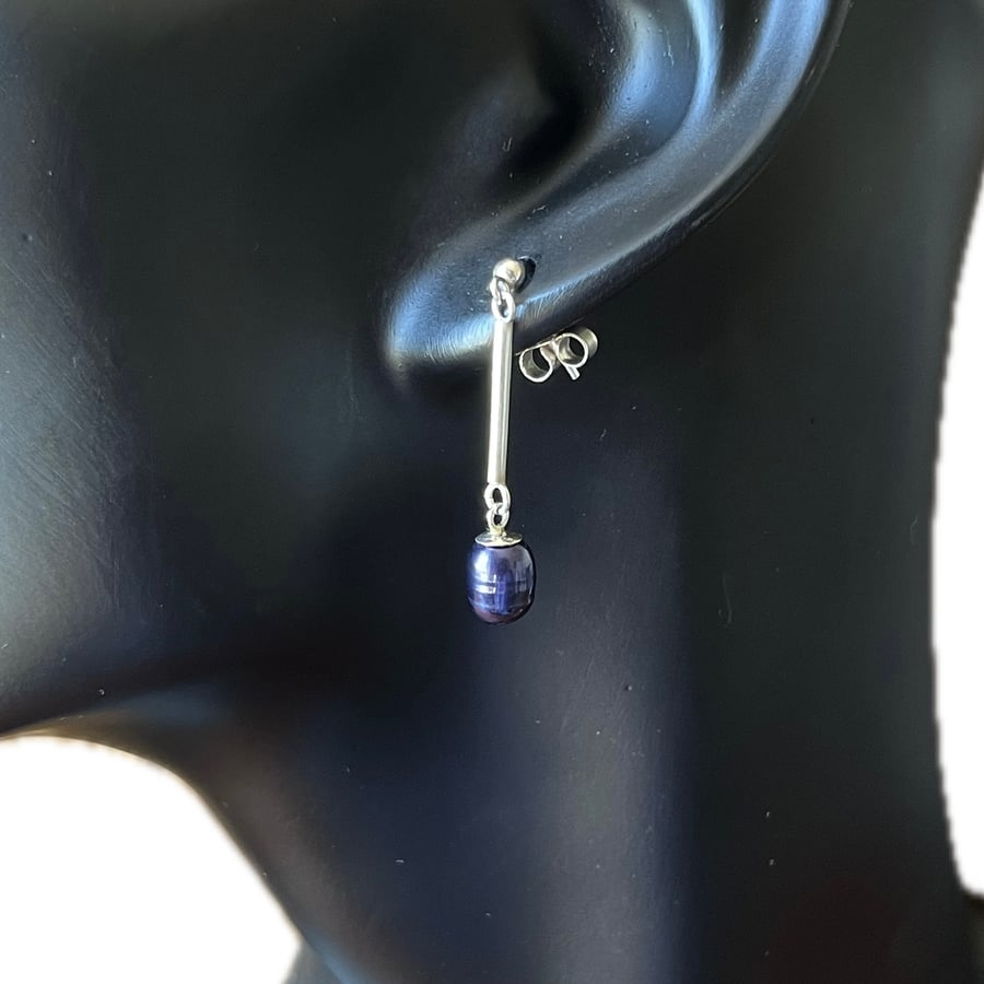 Petrol Blue Pearl Bar Drop Earrings - Handmade, Sterling Silver