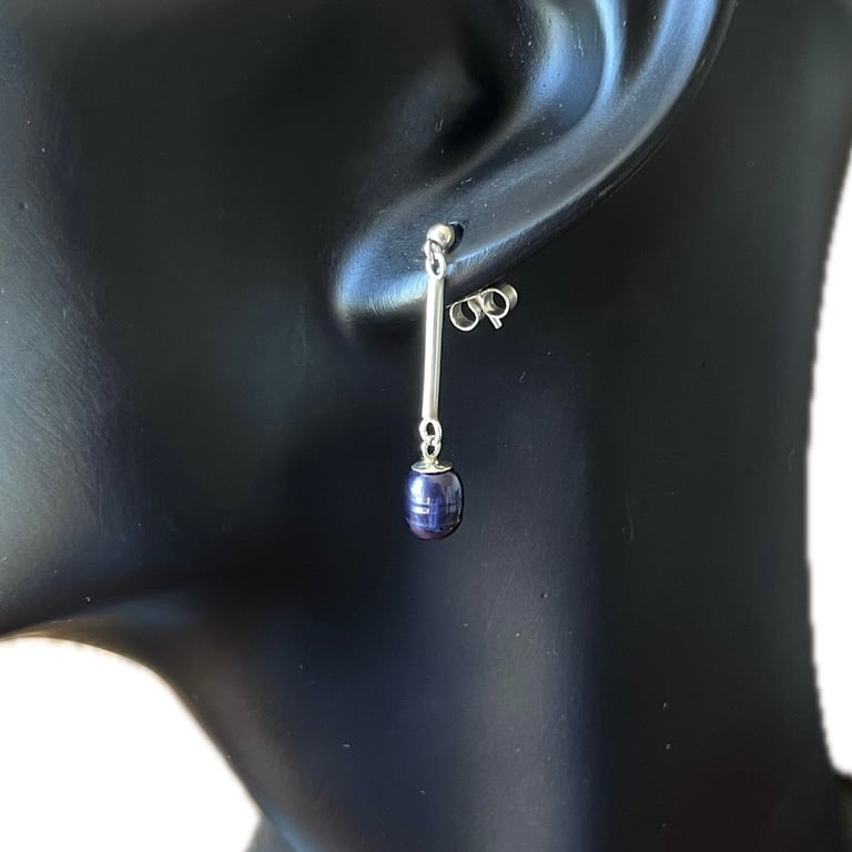 Petrol Blue Pearl Bar Drop Earrings - Handmade, Sterling Silver