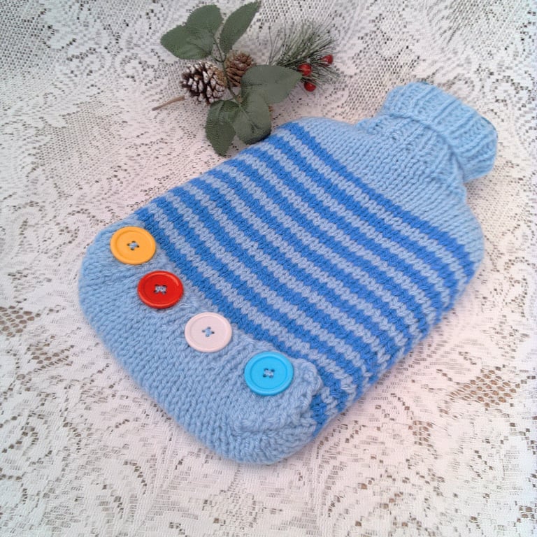 Small Hot Water Bottle and Striped Cover with Large Buttons, Child's Gift Ideas