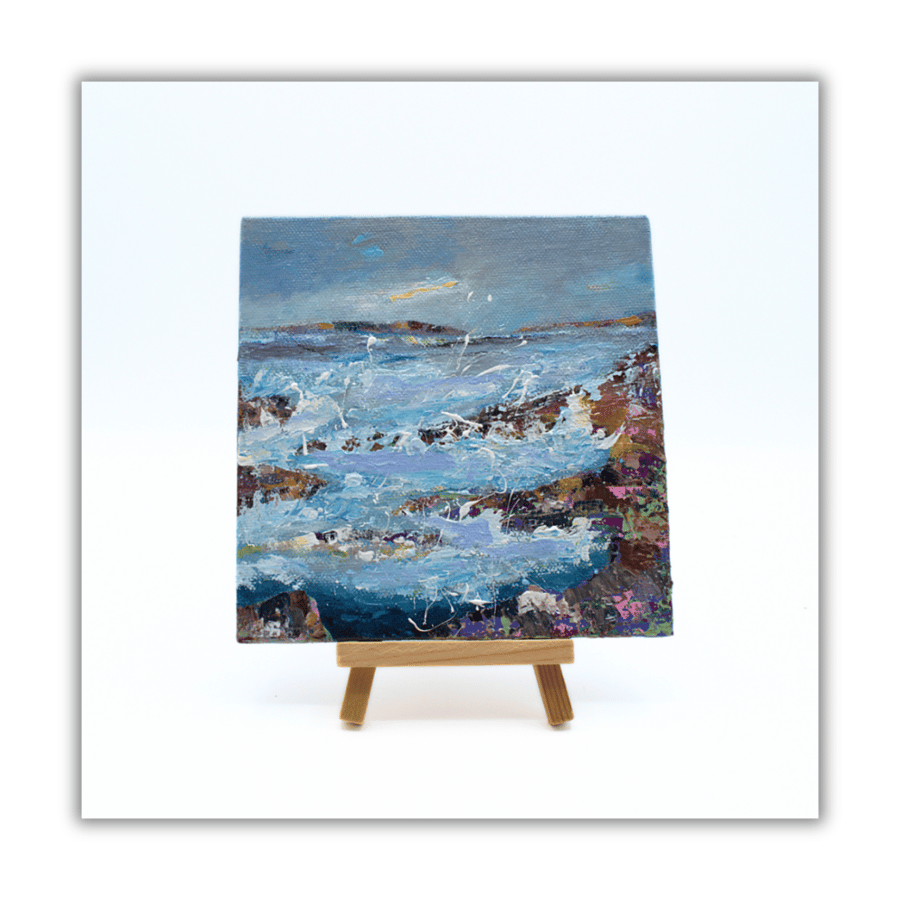 coastal landscape - original acrylic painting - with easel