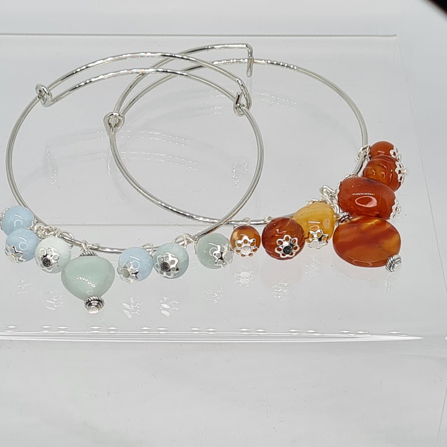 Adjustable Gemstone Bangle Aquamarine, Amazonite, or Carnelian