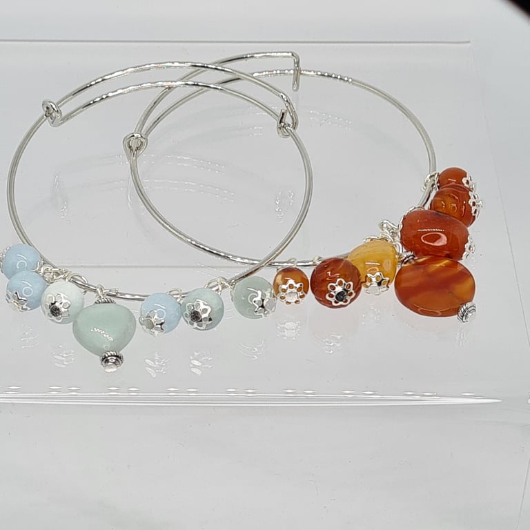 Adjustable Gemstone Bangle Aquamarine, Amazonite, or Carnelian