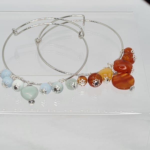 Adjustable Gemstone Bangle Aquamarine, Amazonite, or Carnelian