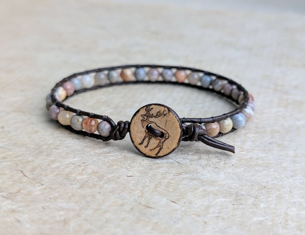 Men's brown leather bracelet with agate and jasper beads and stag button, unisex