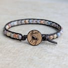 Men's brown leather bracelet with agate and jasper beads and stag button, unisex