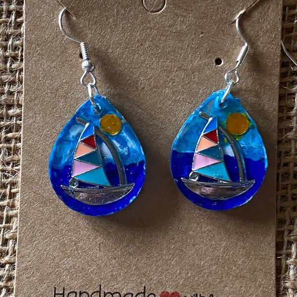 Handmade Pair Of Small Teardrop Resin Sail Boat Earrings