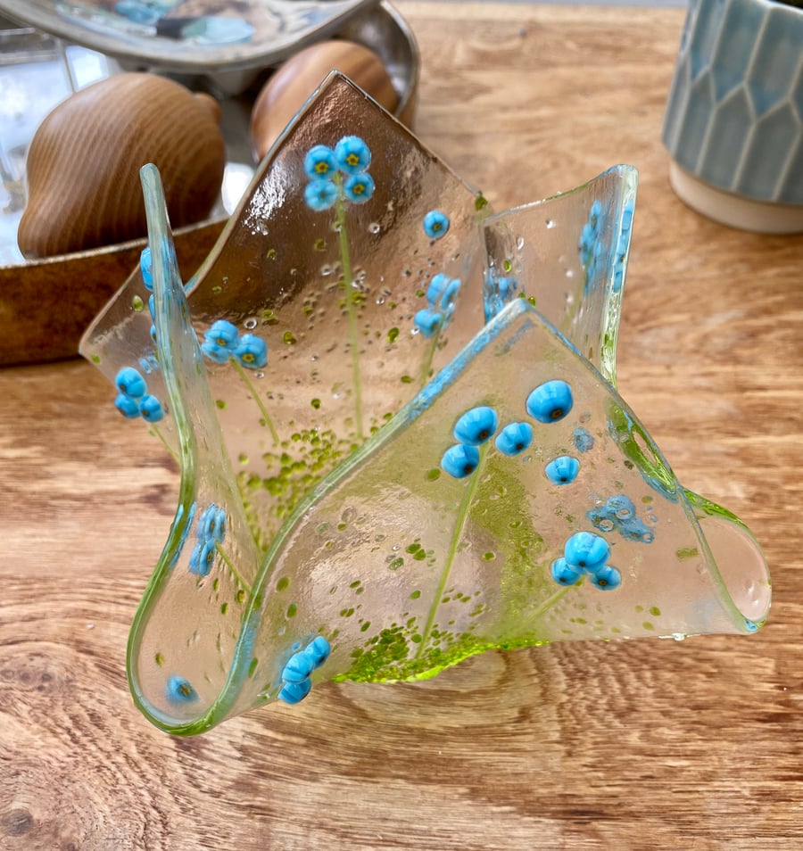 Fused glass forget-me-not handkerchief candle holder