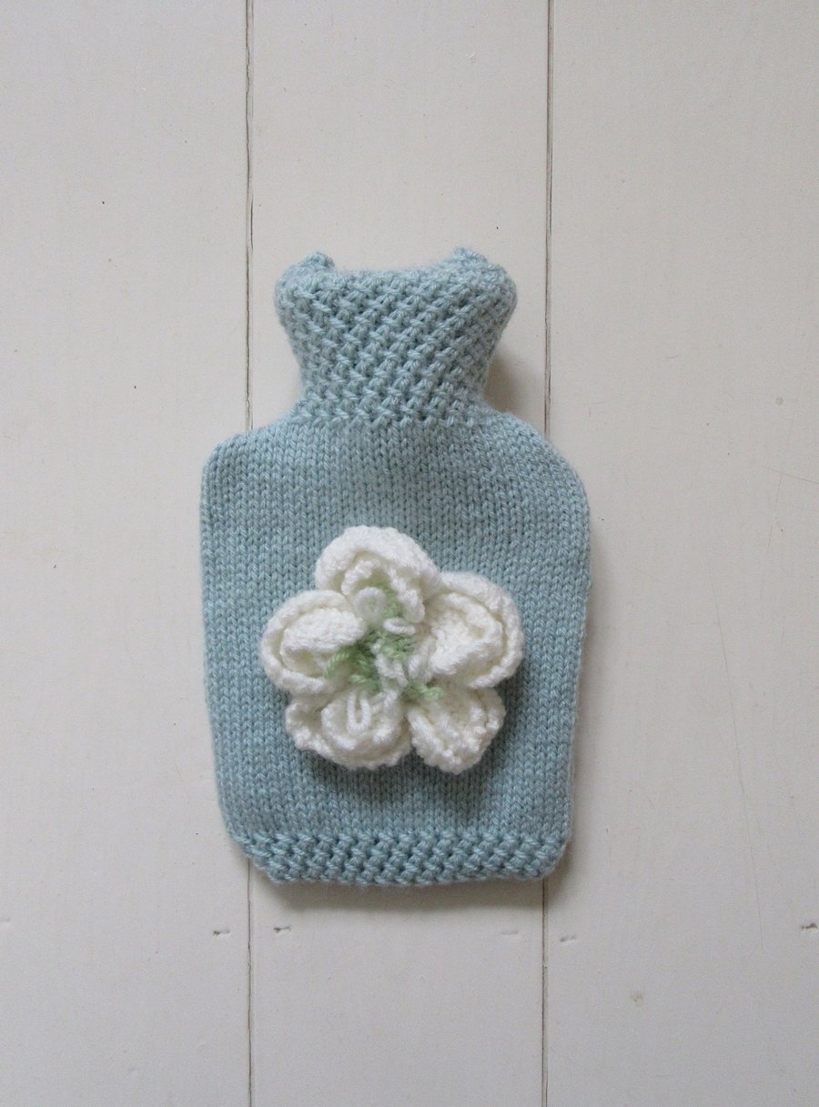 Hot water bottle cover - duck egg blue with large peony flower