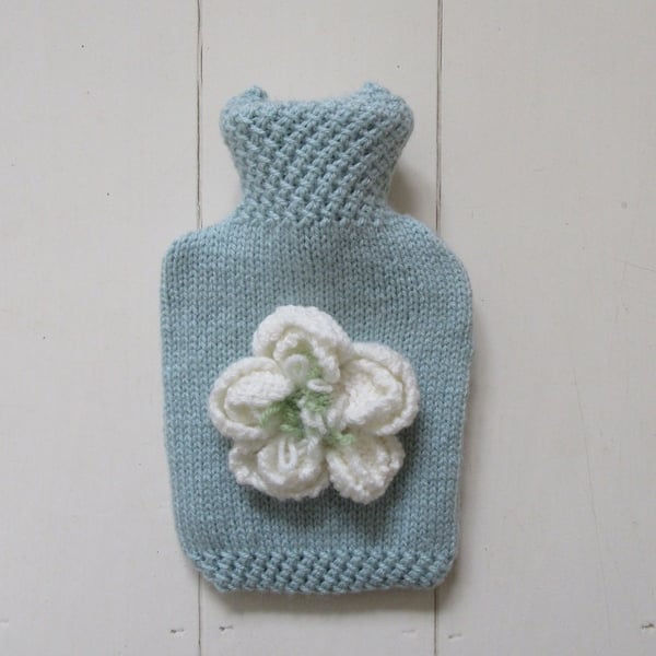 Hot water bottle cover - duck egg blue with large peony flower