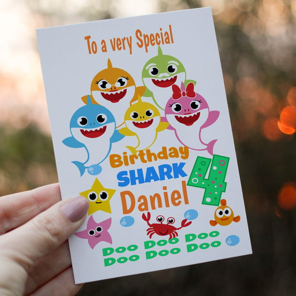 Baby Shark Birthday Card, Card for Child's Birthday, 4th Birthday Card