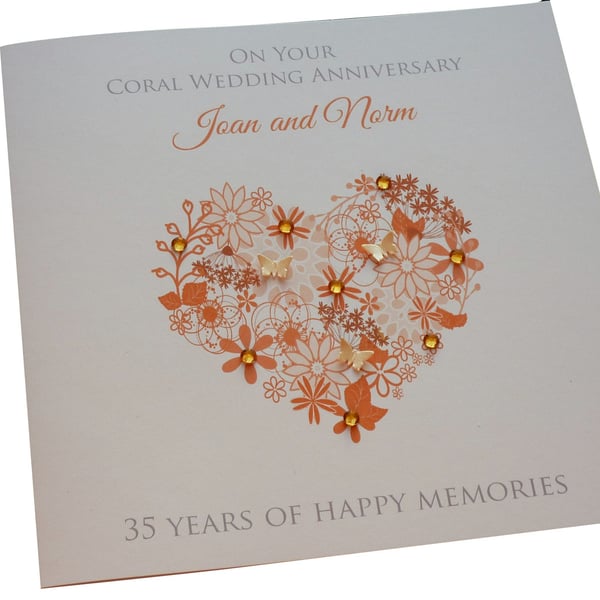 Personalised Handmade Coral- 35th Wedding Anniversary Heart Card