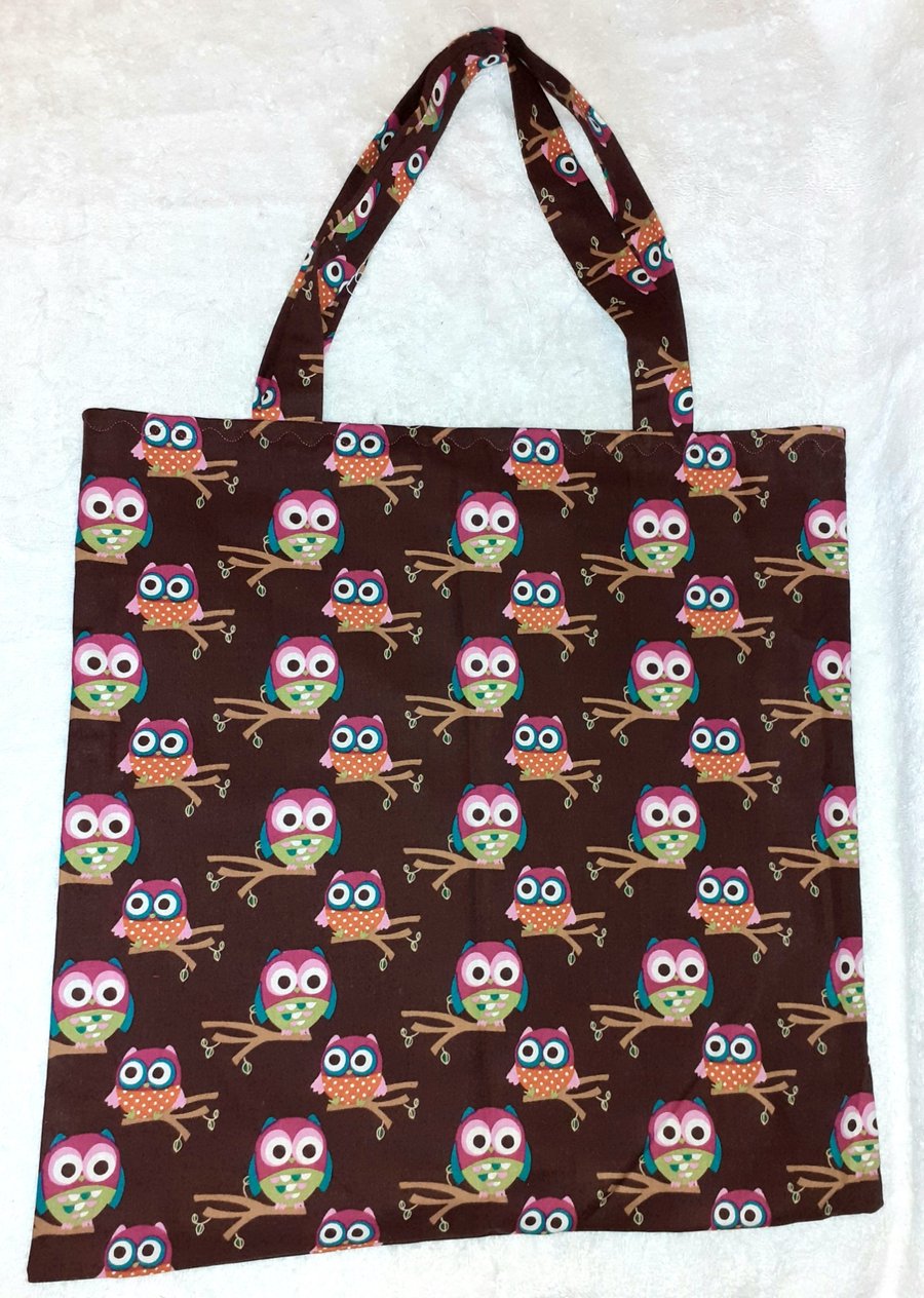 multi coloured Owls on wine red  shopping bag, Tote bag
