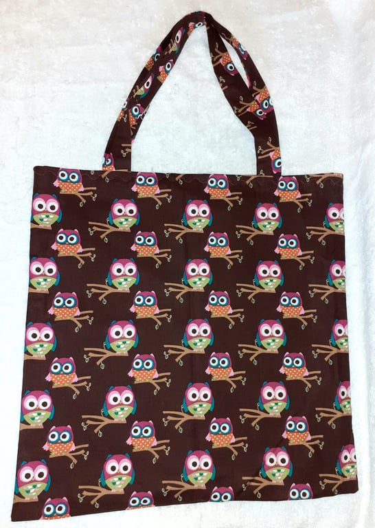 multi coloured Owls on wine red  shopping bag, Tote bag